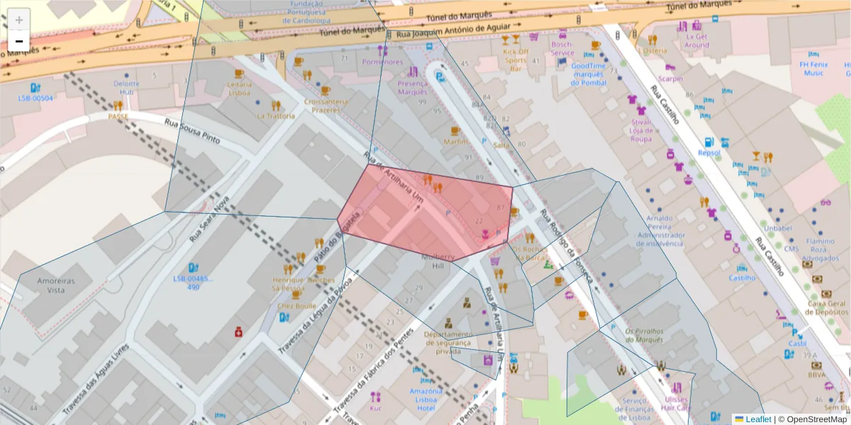 Mapa detalhado do código postal 1250-272 com limites, códigos postais vizinhos e agências dos correios