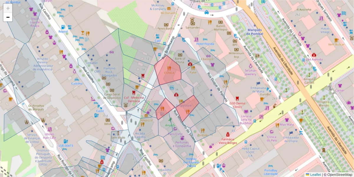 Mapa detalhado do código postal 1250-302 com limites, códigos postais vizinhos e agências dos correios