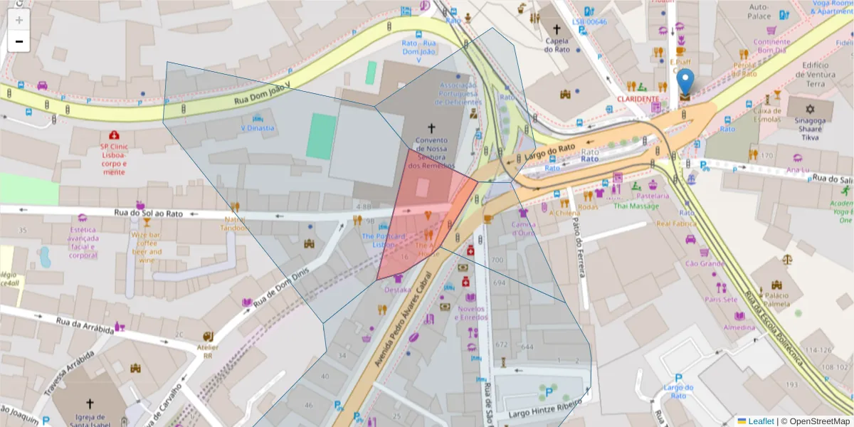 Mapa detalhado do código postal 1250-360 com limites, códigos postais vizinhos e agências dos correios