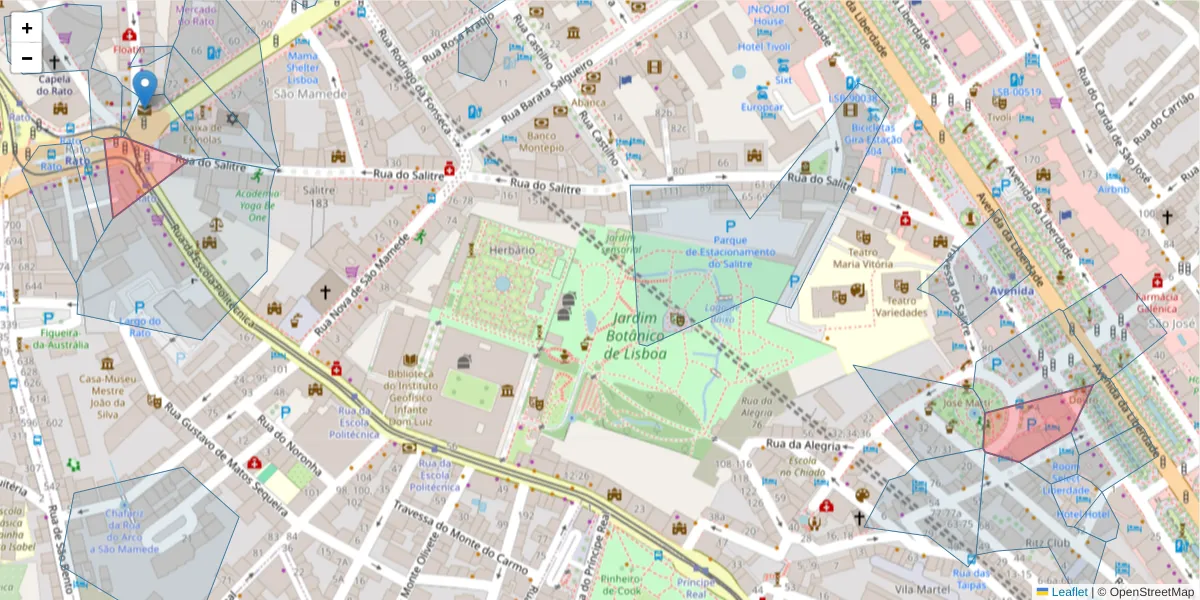 Mapa detalhado do código postal 1250 com limites, códigos postais vizinhos e agências dos correios