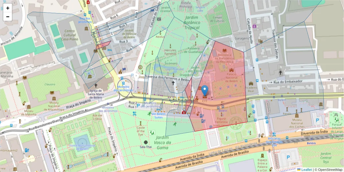Mapa detalhado do código postal 1300-004 com limites, códigos postais vizinhos e agências dos correios