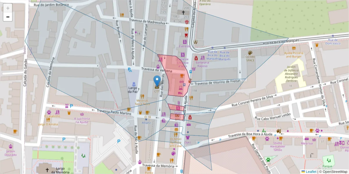 Mapa detalhado do código postal 1300-008 com limites, códigos postais vizinhos e agências dos correios