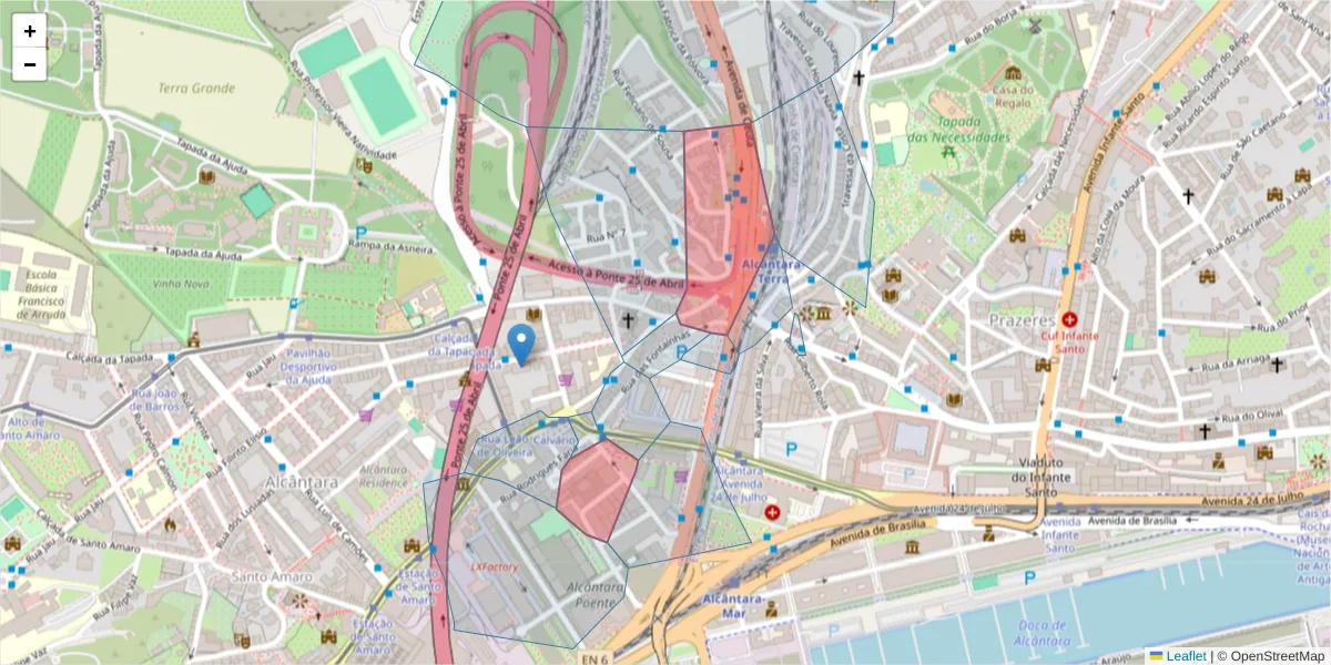 Mapa detalhado do código postal 1300-023 com limites, códigos postais vizinhos e agências dos correios