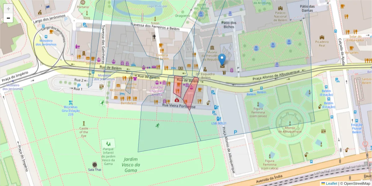 Mapa detalhado do código postal 1300-082 com limites, códigos postais vizinhos e agências dos correios