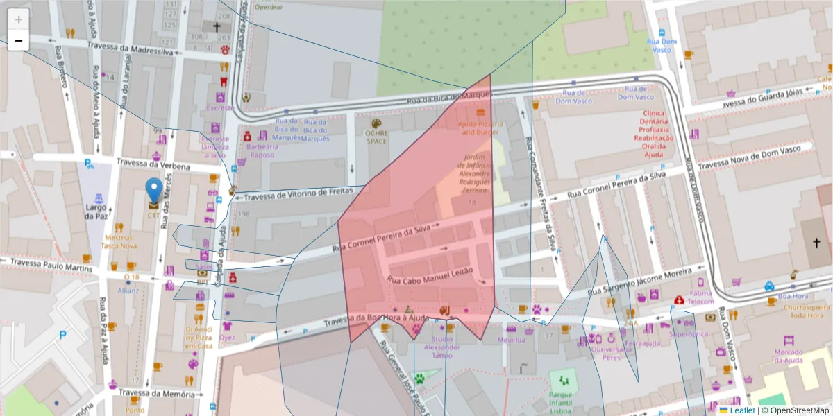 Mapa detalhado do código postal 1300-105 com limites, códigos postais vizinhos e agências dos correios