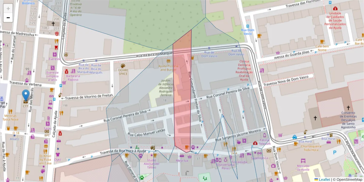 Mapa detalhado do código postal 1300-110 com limites, códigos postais vizinhos e agências dos correios