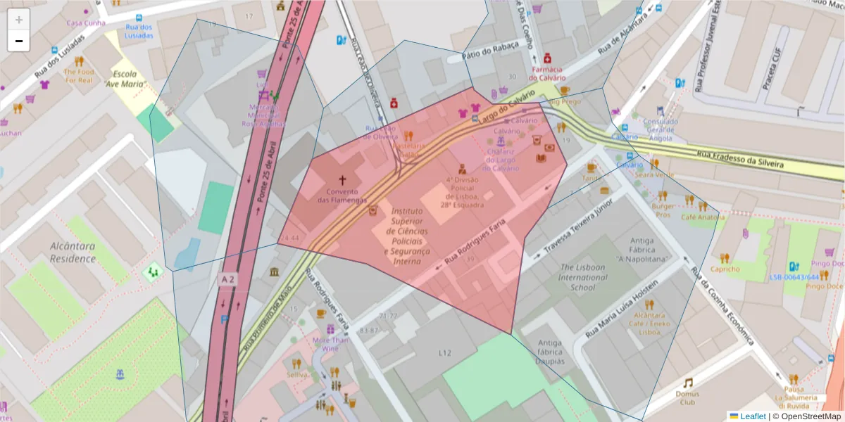 Mapa detalhado do código postal 1300-113 com limites, códigos postais vizinhos e agências dos correios