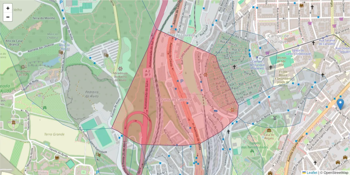 Mapa detalhado do código postal 1300-125 com limites, códigos postais vizinhos e agências dos correios