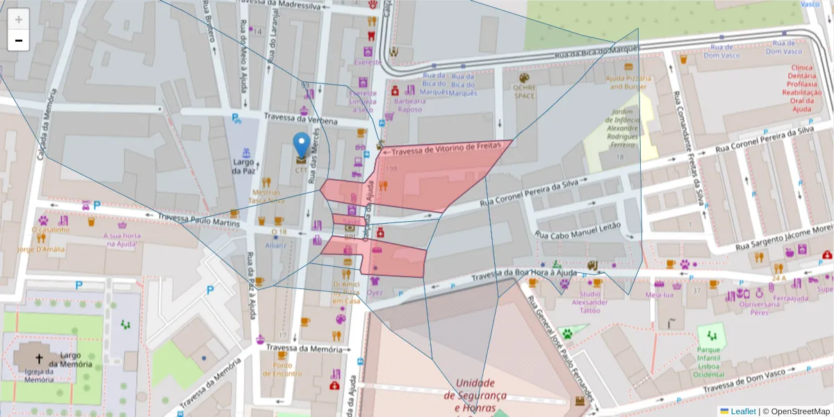 Mapa detalhado do código postal 1300-146 com limites, códigos postais vizinhos e agências dos correios