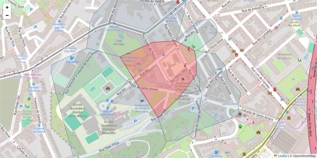 Mapa detalhado do código postal 1300-245 com limites, códigos postais vizinhos e agências dos correios