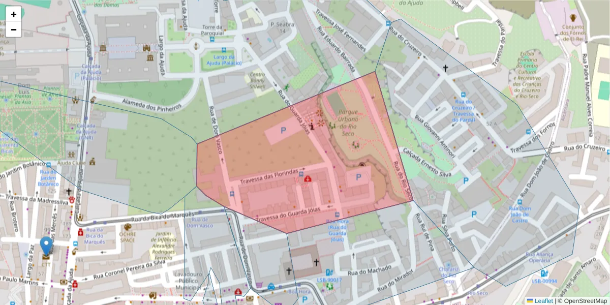 Mapa detalhado do código postal 1300-250 com limites, códigos postais vizinhos e agências dos correios