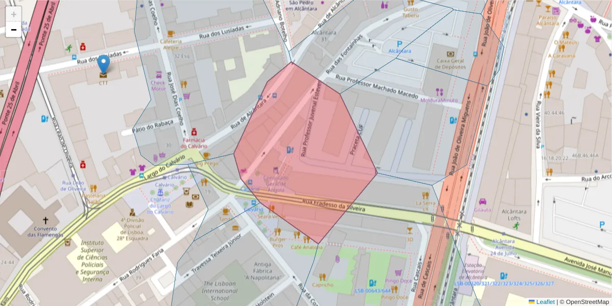 Mapa detalhado do código postal 1300-260 com limites, códigos postais vizinhos e agências dos correios