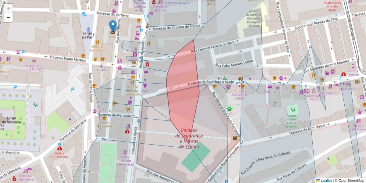 Mapa detalhado do código postal 1300-277 com limites, códigos postais vizinhos e agências dos correios