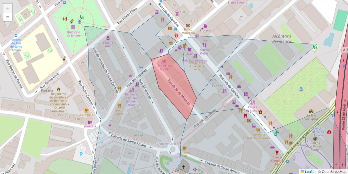 Mapa detalhado do código postal 1300-284 com limites, códigos postais vizinhos e agências dos correios