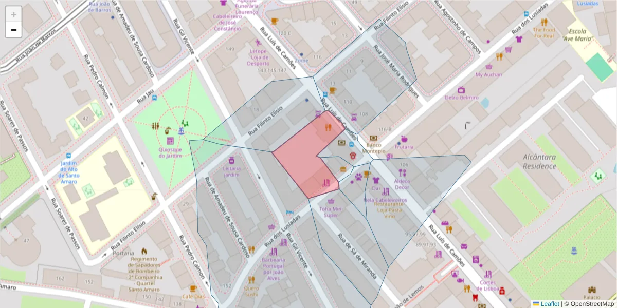 Mapa detalhado do código postal 1300-285 com limites, códigos postais vizinhos e agências dos correios