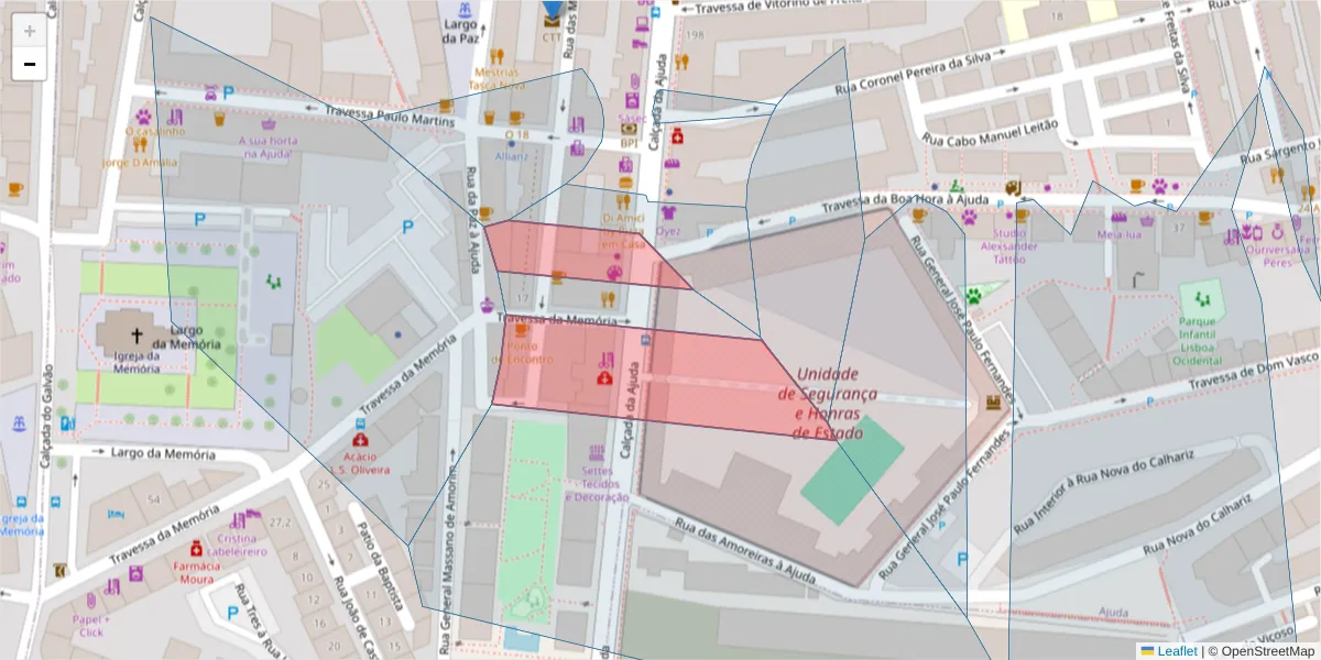 Mapa detalhado do código postal 1300-322 com limites, códigos postais vizinhos e agências dos correios