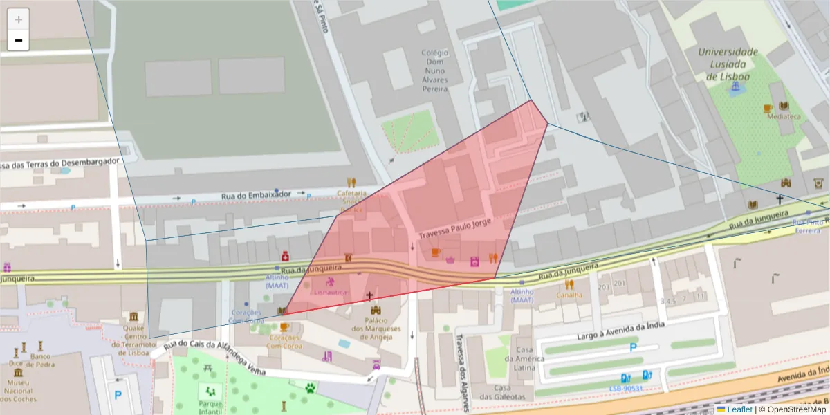 Mapa detalhado do código postal 1300-338 com limites, códigos postais vizinhos e agências dos correios