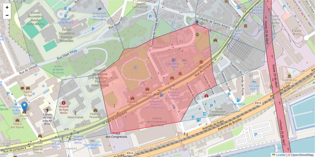 Mapa detalhado do código postal 1300-343 com limites, códigos postais vizinhos e agências dos correios