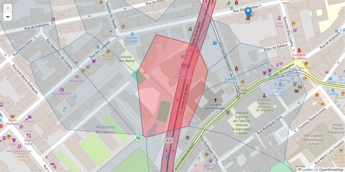Mapa detalhado do código postal 1300-350 com limites, códigos postais vizinhos e agências dos correios