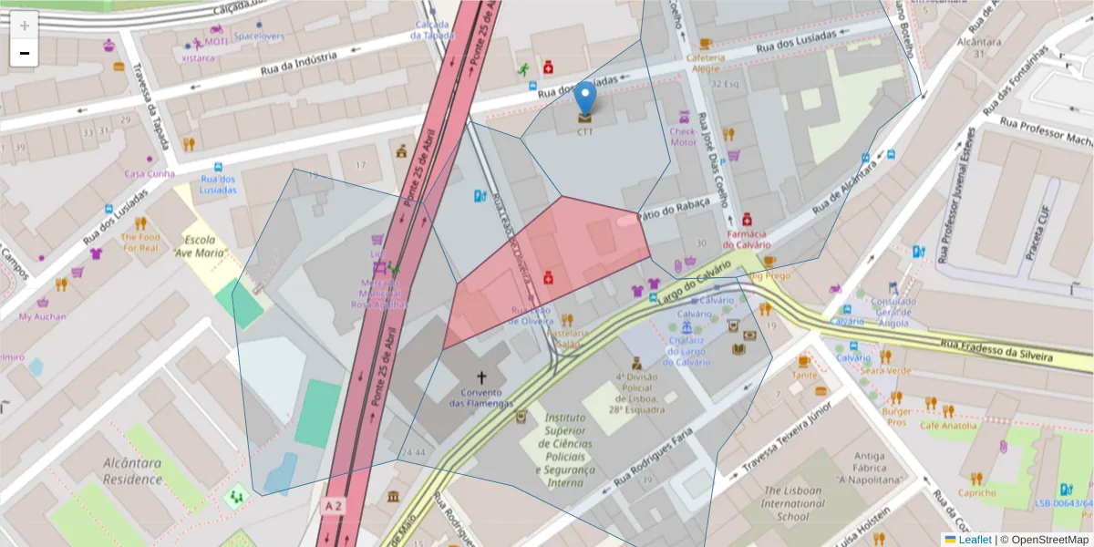 Mapa detalhado do código postal 1300-352 com limites, códigos postais vizinhos e agências dos correios