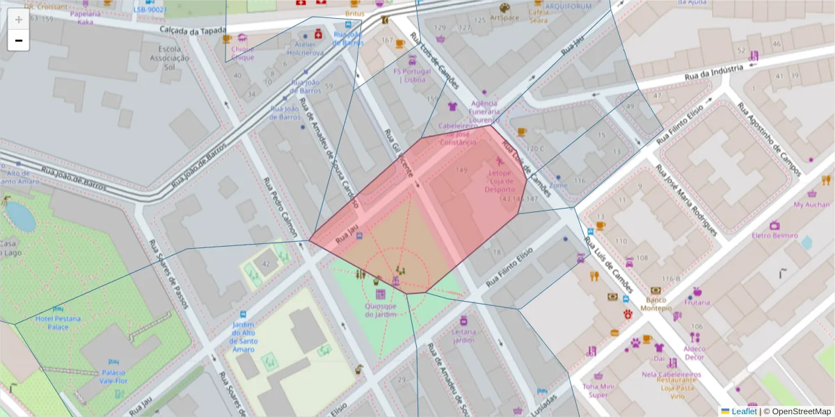 Mapa detalhado do código postal 1300-358 com limites, códigos postais vizinhos e agências dos correios