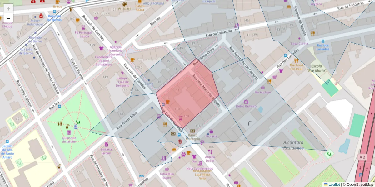 Mapa detalhado do código postal 1300-361 com limites, códigos postais vizinhos e agências dos correios
