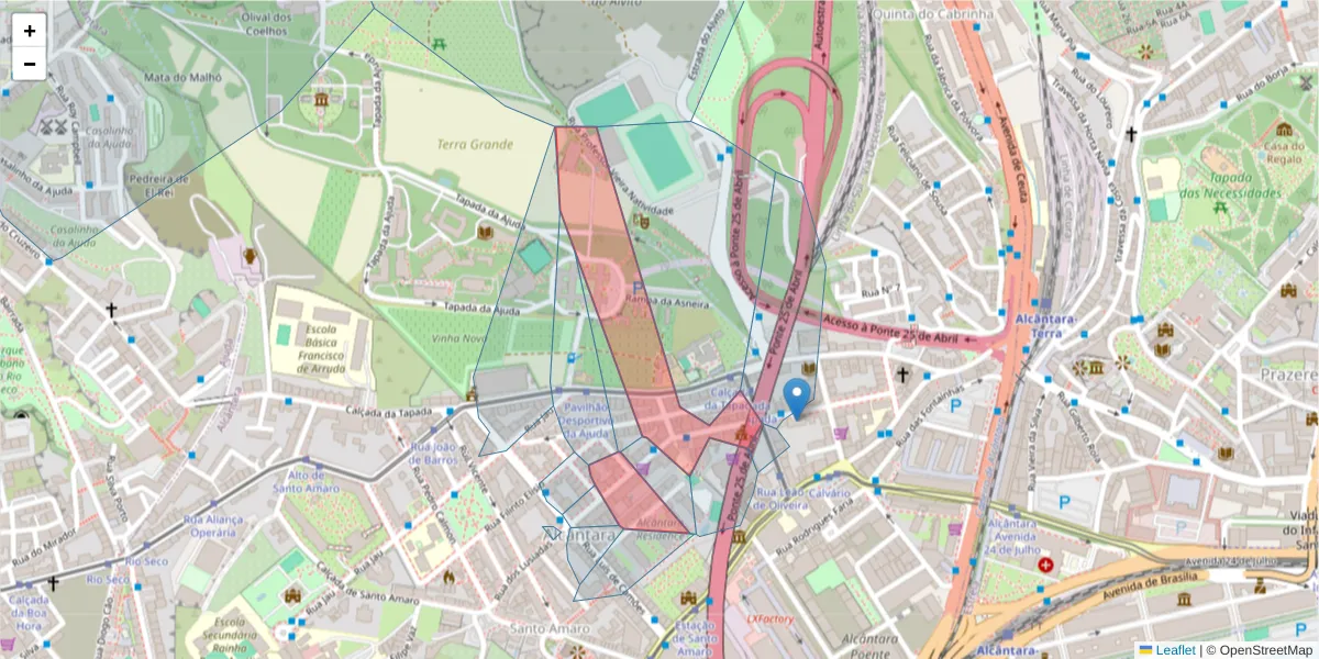 Mapa detalhado do código postal 1300-366 com limites, códigos postais vizinhos e agências dos correios