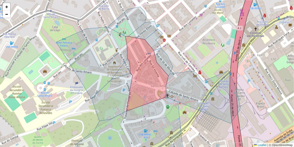 Mapa detalhado do código postal 1300-369 com limites, códigos postais vizinhos e agências dos correios