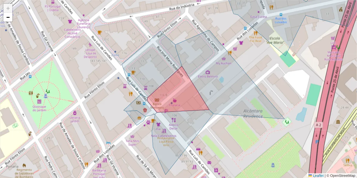Mapa detalhado do código postal 1300-375 com limites, códigos postais vizinhos e agências dos correios