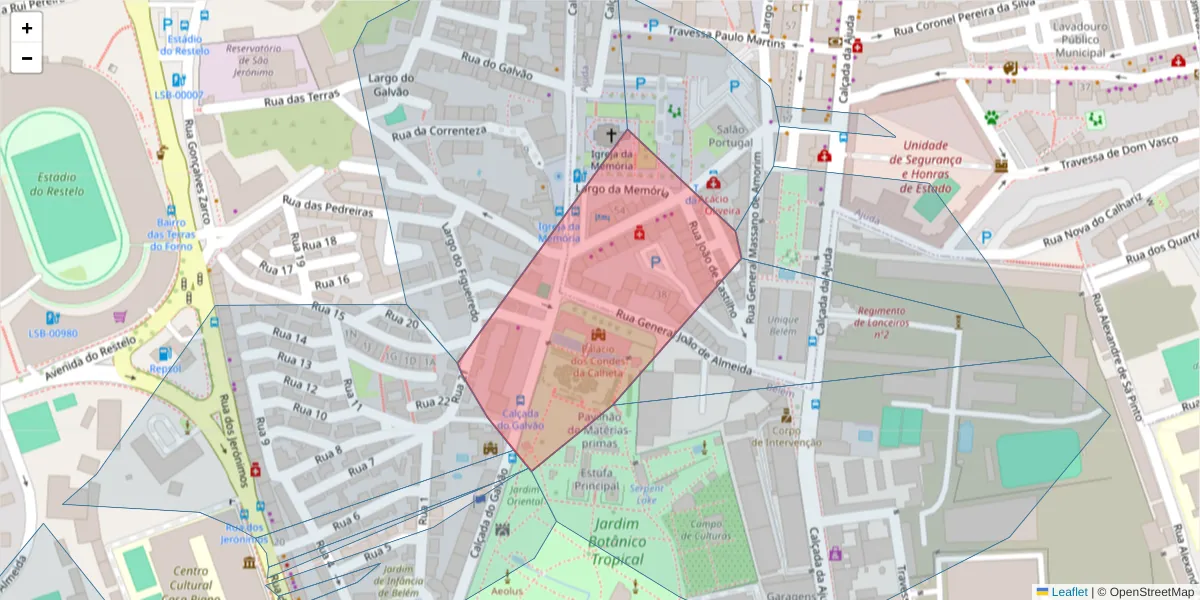 Mapa detalhado do código postal 1300-402 com limites, códigos postais vizinhos e agências dos correios