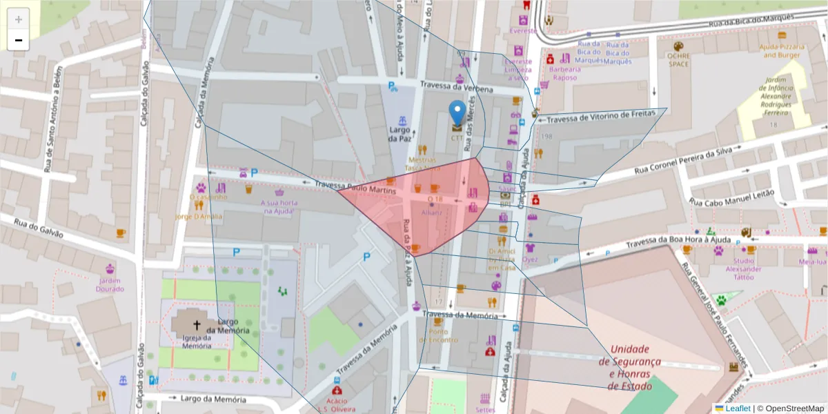 Mapa detalhado do código postal 1300-448 com limites, códigos postais vizinhos e agências dos correios