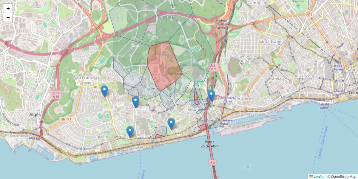 Mapa detalhado do código postal 1300 com limites, códigos postais vizinhos e agências dos correios