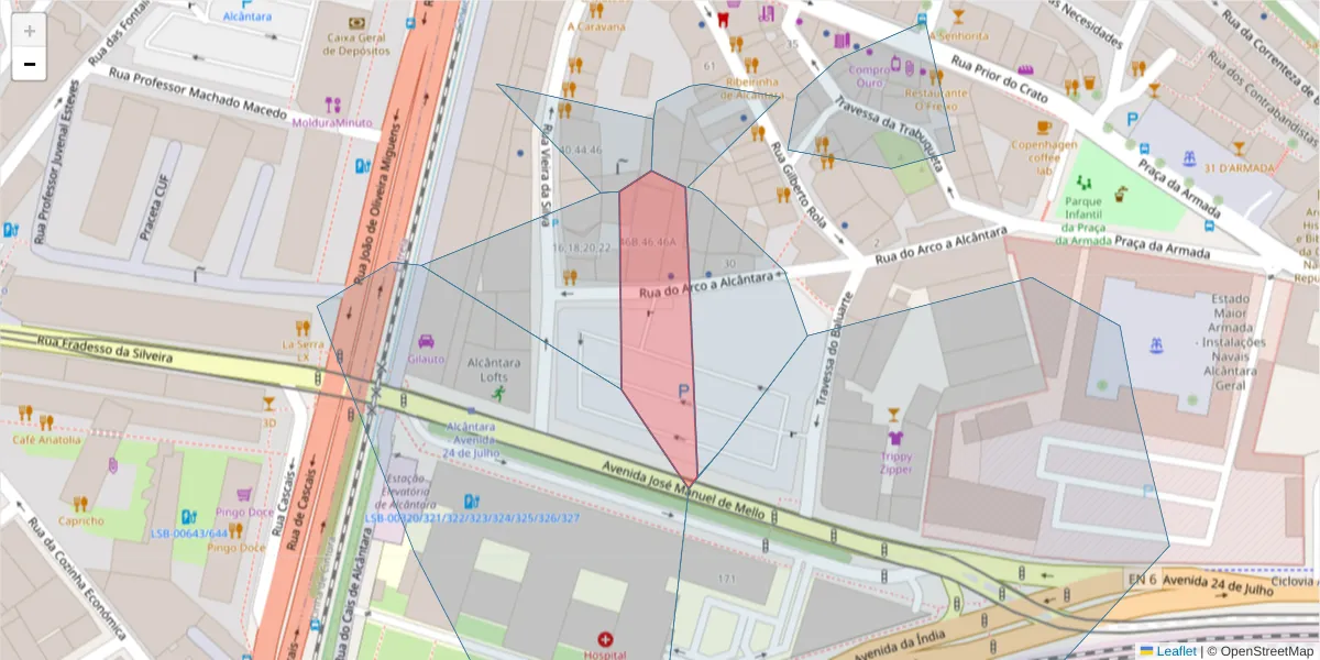 Mapa detalhado do código postal 1350-021 com limites, códigos postais vizinhos e agências dos correios