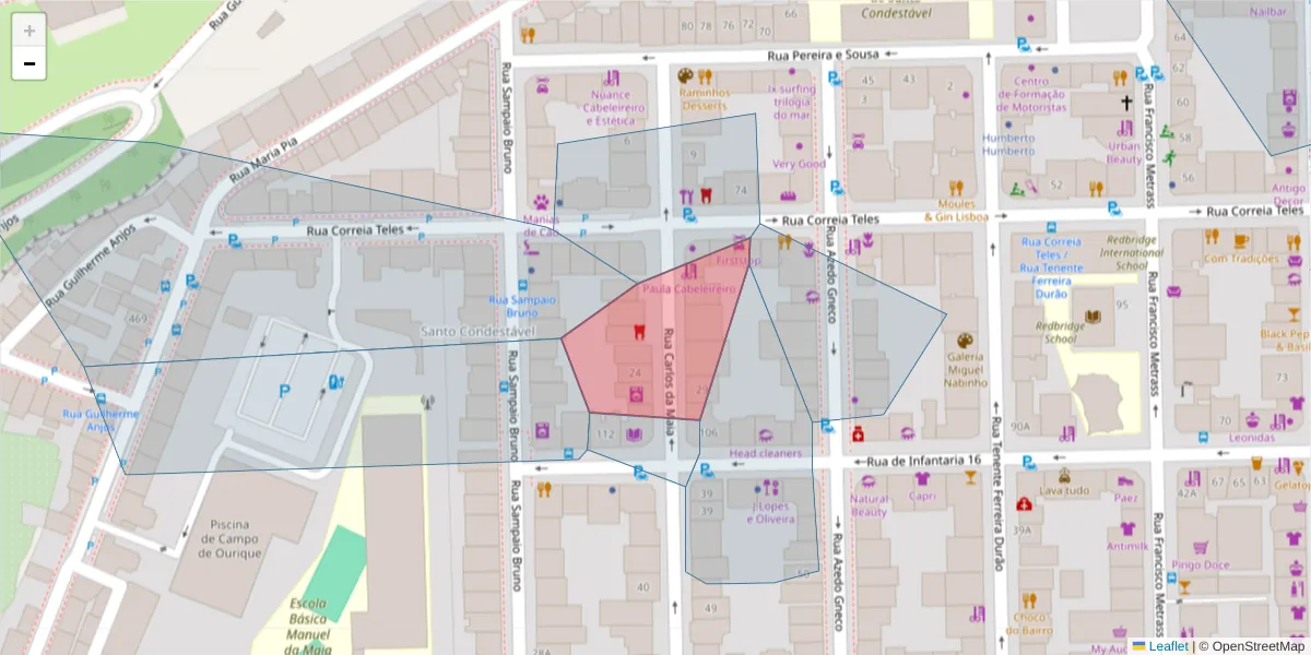Mapa detalhado do código postal 1350-032 com limites, códigos postais vizinhos e agências dos correios