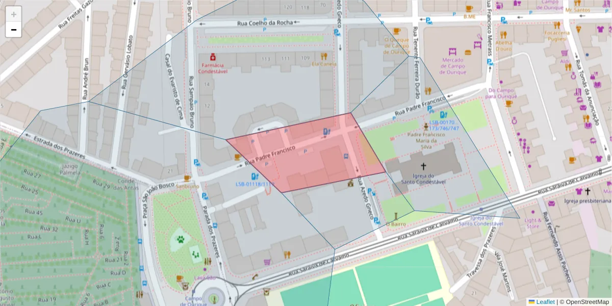 Mapa detalhado do código postal 1350-039 com limites, códigos postais vizinhos e agências dos correios