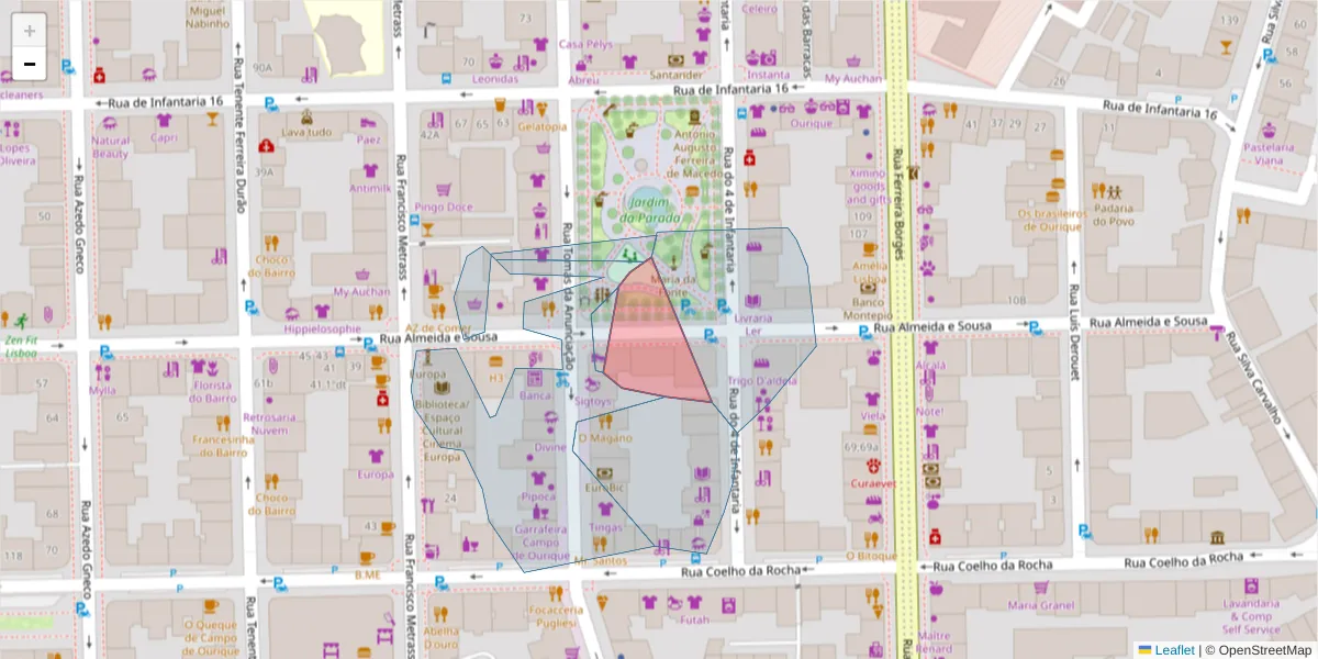 Mapa detalhado do código postal 1350-074 com limites, códigos postais vizinhos e agências dos correios