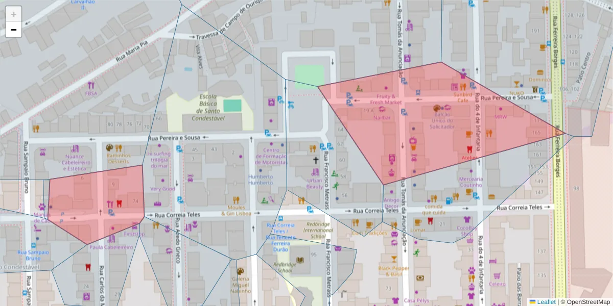 Mapa detalhado do código postal 1350-092 com limites, códigos postais vizinhos e agências dos correios