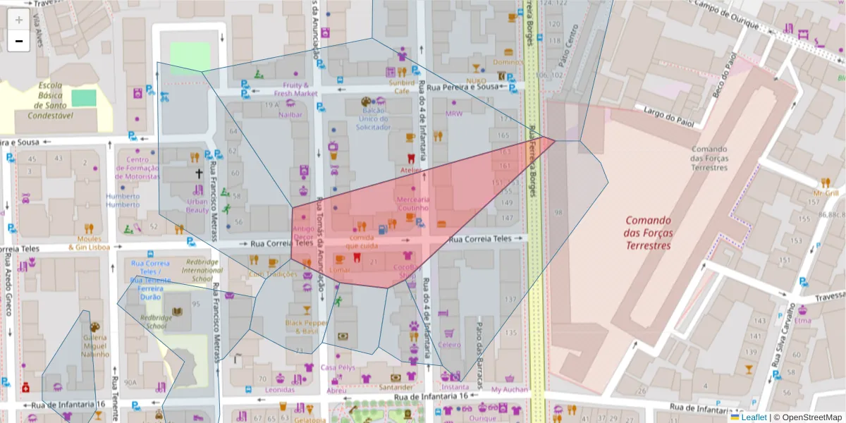 Mapa detalhado do código postal 1350-099 com limites, códigos postais vizinhos e agências dos correios