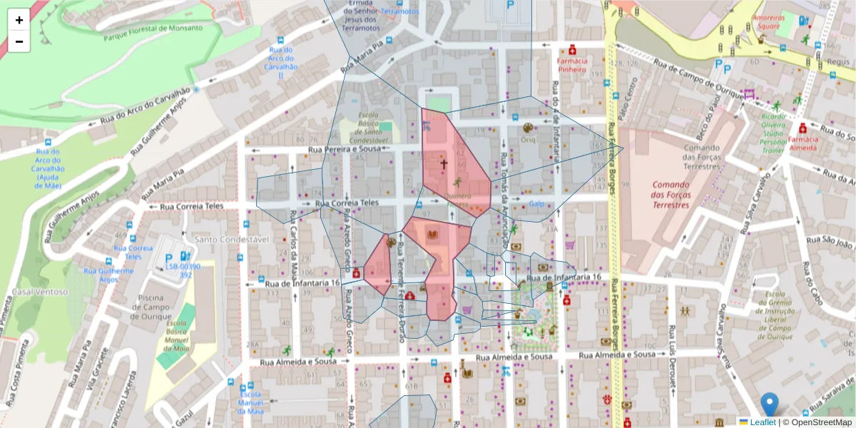 Mapa detalhado do código postal 1350-100 com limites, códigos postais vizinhos e agências dos correios