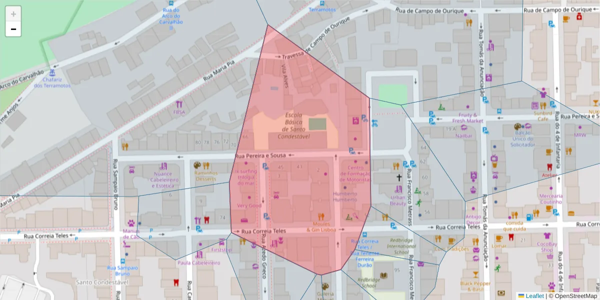 Mapa detalhado do código postal 1350-102 com limites, códigos postais vizinhos e agências dos correios