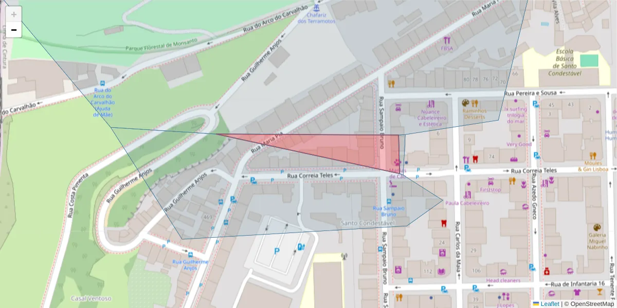 Mapa detalhado do código postal 1350-104 com limites, códigos postais vizinhos e agências dos correios