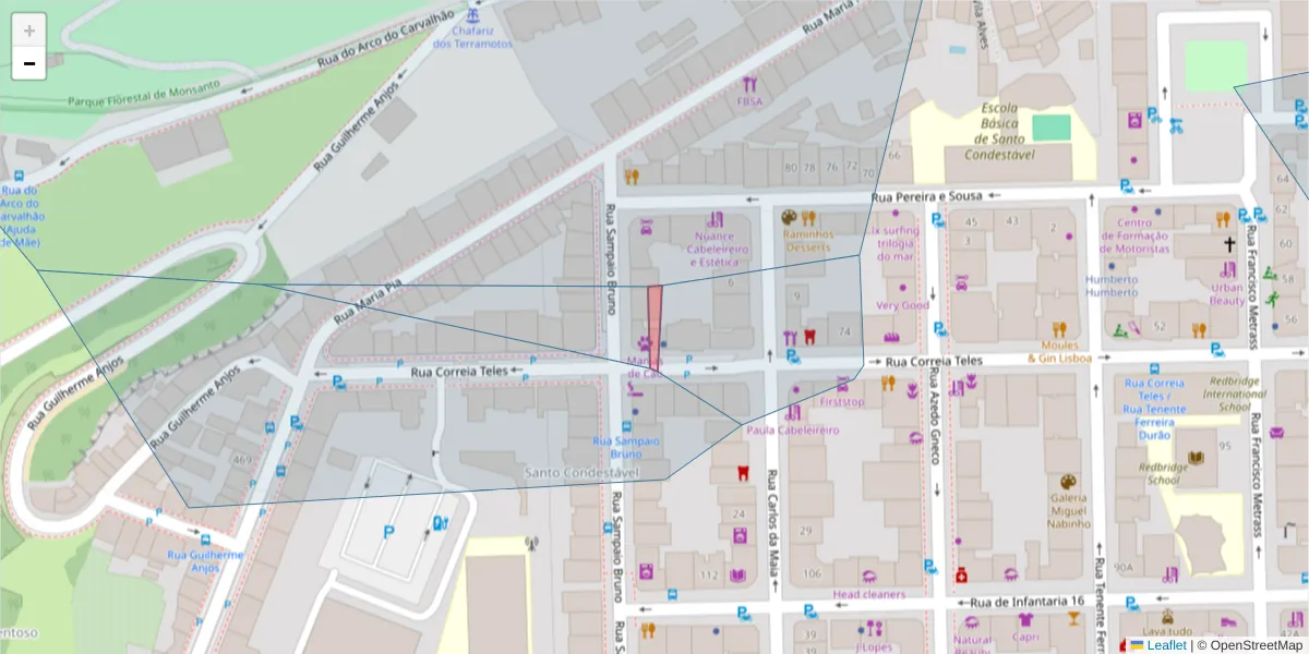 Mapa detalhado do código postal 1350-105 com limites, códigos postais vizinhos e agências dos correios
