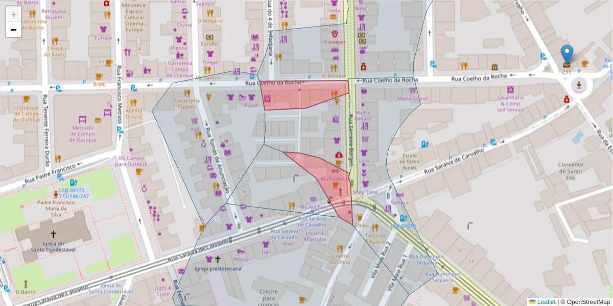 Mapa detalhado do código postal 1350-126 com limites, códigos postais vizinhos e agências dos correios