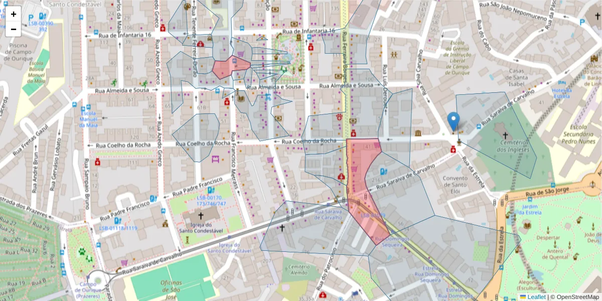 Mapa detalhado do código postal 1350-140 com limites, códigos postais vizinhos e agências dos correios