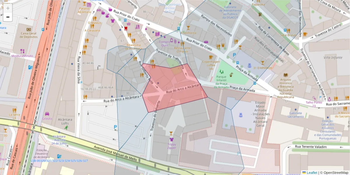 Mapa detalhado do código postal 1350-155 com limites, códigos postais vizinhos e agências dos correios