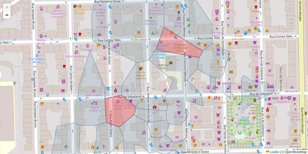 Mapa detalhado do código postal 1350-164 com limites, códigos postais vizinhos e agências dos correios