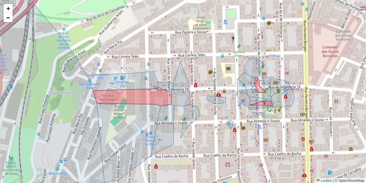 Mapa detalhado do código postal 1350-166 com limites, códigos postais vizinhos e agências dos correios