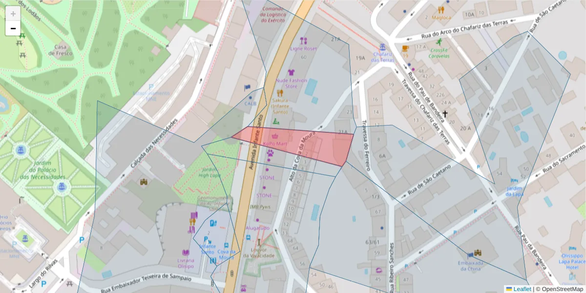 Mapa detalhado do código postal 1350-174 com limites, códigos postais vizinhos e agências dos correios