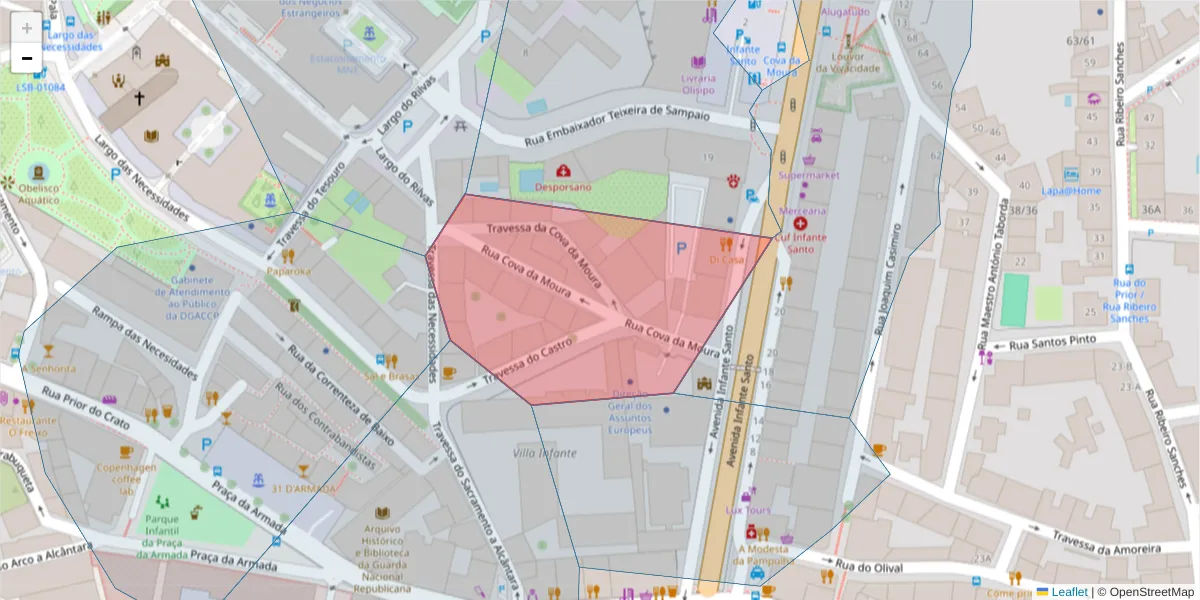 Mapa detalhado do código postal 1350-175 com limites, códigos postais vizinhos e agências dos correios