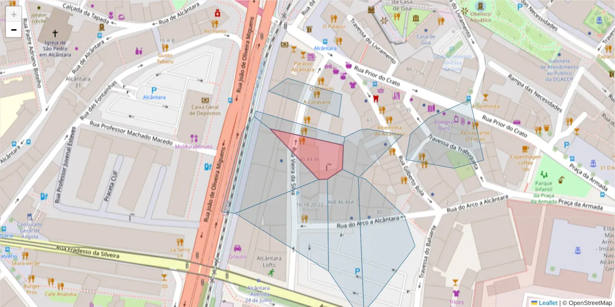 Mapa detalhado do código postal 1350-187 com limites, códigos postais vizinhos e agências dos correios